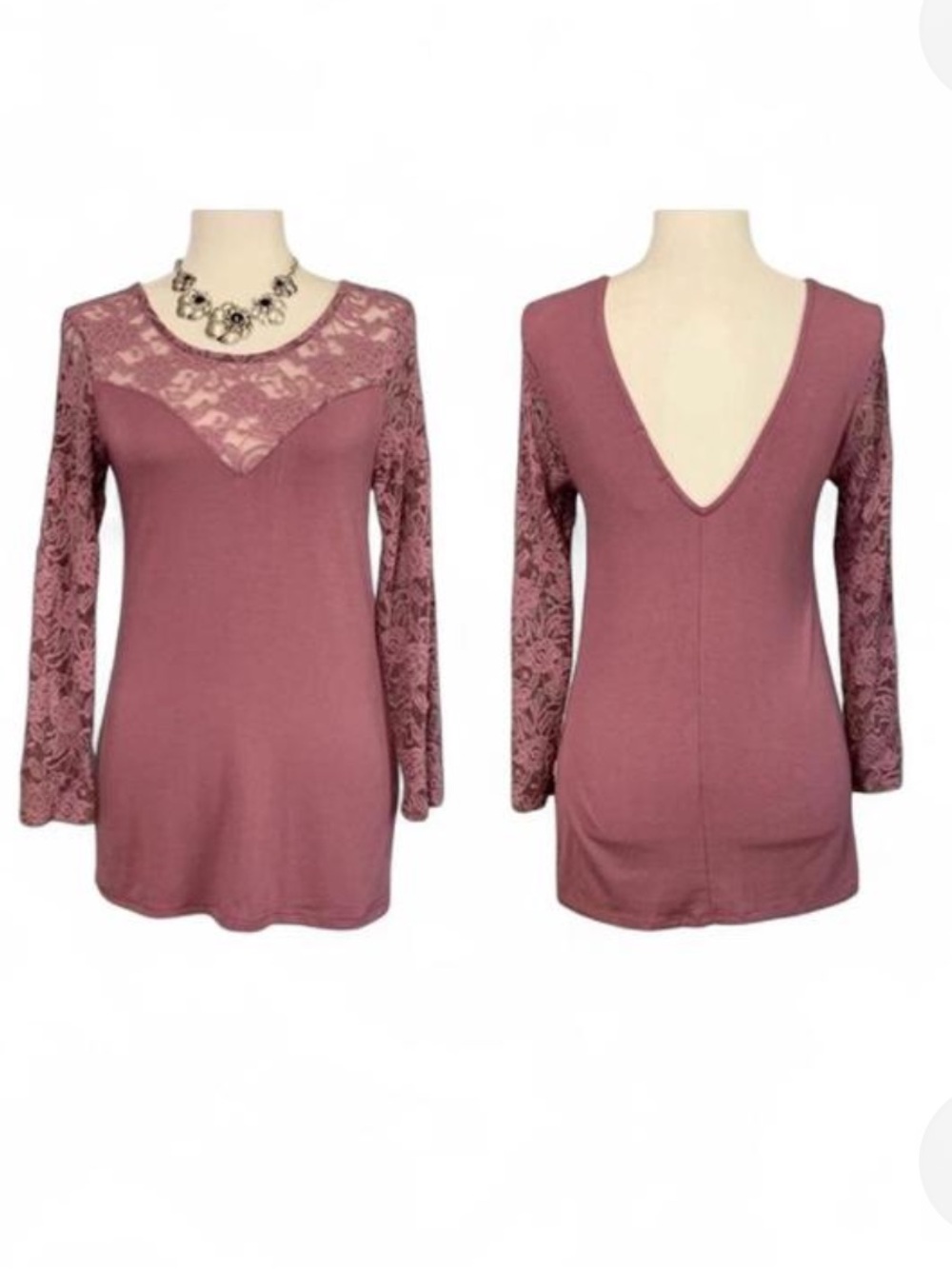 BKE Mauve Lace-Yoke Long Sleeve Top